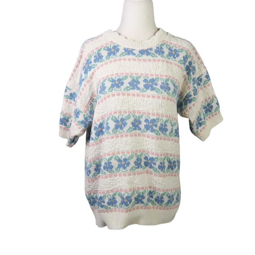 Vintage 80s Cape Cod cream and blue floral stripe short sleeve knit sweater M